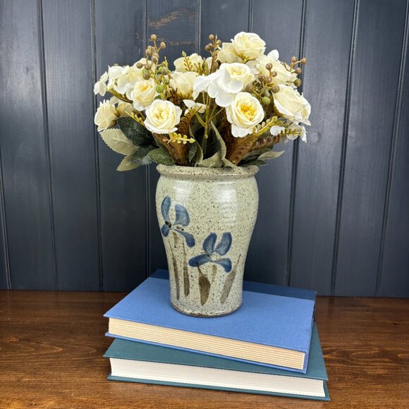 Studio Pottery Vase with Hand-Painted Blue Irises Stoneware Utensil Holder - Picture 2 of 16